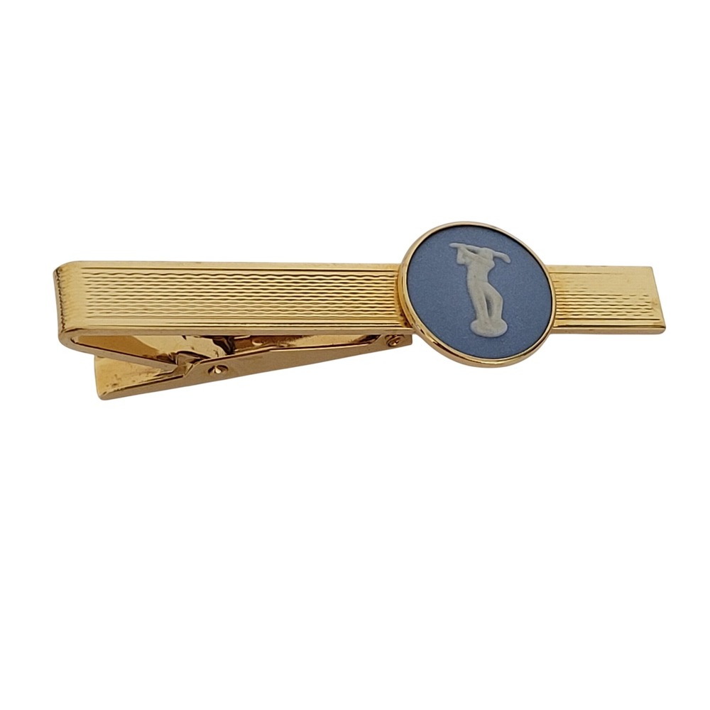 Wedgwood Blue Jasperware Golfer Tie Bar Gold Tone Made in England Vintage
